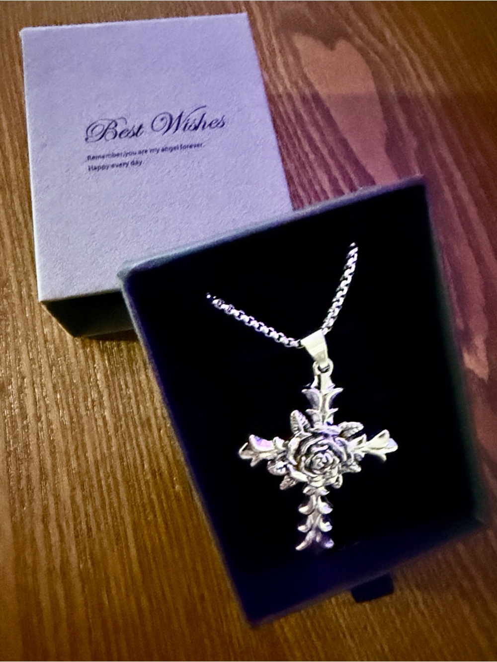 Silver Rose Cross with “Best Wishes” Gift Box